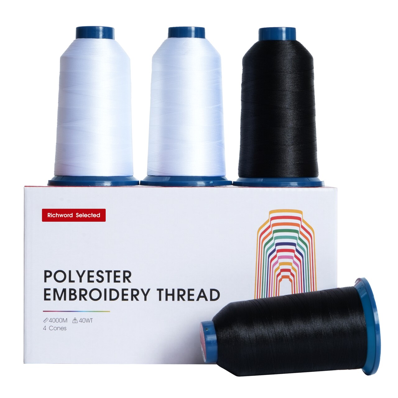 Richword Selected Embroidery Thread Set, 4 Rolls 4000M (4374Y) 40WT Polyester, Black, White, Red, Light Pink & Multi-Color Mix, Huge Spool for Home & Commercial Embroidery Machines